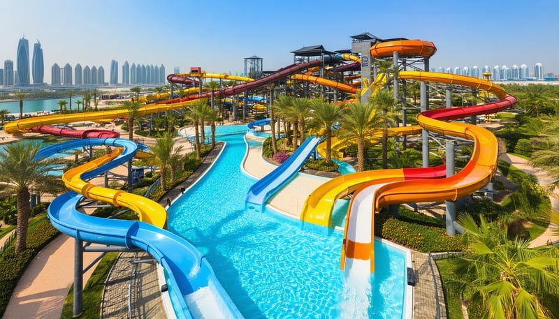 Aerial view of Aquaventure World Dubai with water slides and attractions Aerial view of Aquaventure World Dubai with water slides and attractions